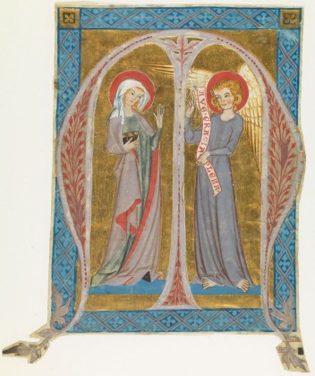 Buchmalerei: Miniatur mit der Darstellung der Verkündigung an Maria, Illustration einer liturgischen Handschrift, ausgeschnitten aus einem Antiphonar (Choralbuch für den Wechselgesang des Stundengebets), möglicherweise aus einem Zisterzienserinnenkloster im Bodenseegebiet